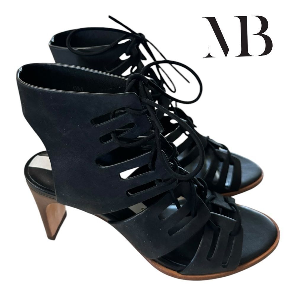 MATT BERNSON Black Oiled Leather Miro Gladiator Heels Size 6 NIB